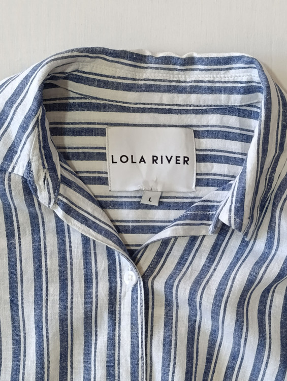 پیراهن لینن زنانه برند LOLA RIVER استوک اورجینال طرح راه راه نمای یقه و برند