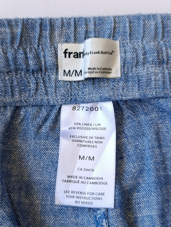 شلوارک لینن زنانه برند FRANK استوک اورجینال رنگ آبی نمای اتیکت و برند