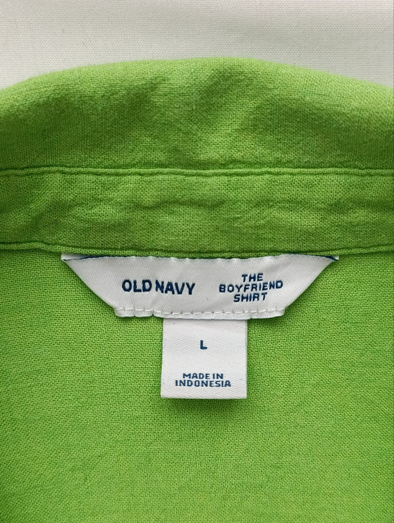 شومیز لینن زنانه برند OLD NAVY استوک رنگ سبز فسفری نمای اتیکت یقه