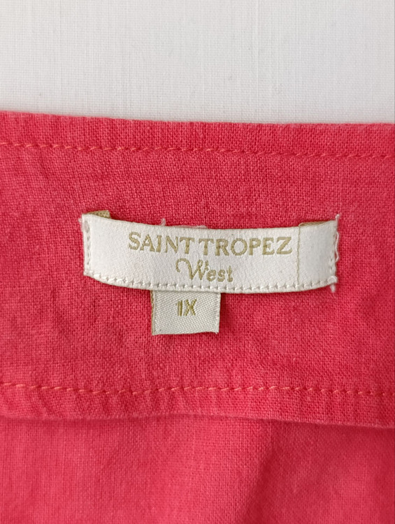 بلوز لینن زنانه برند SAINT TROPEZ استوک رنگ قرمز نمای اتیکت یقه