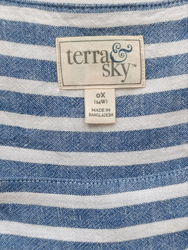 بلوز زنانه لینن برند TERRA SKY استوک اورجینال طرح راه راه نمای برند و اتیکت