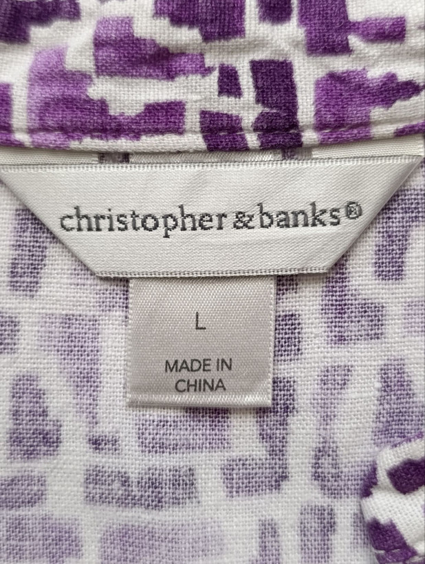 تاپ زنانه لینن برند CHRISTOPHER&BANKS استوک اورجینال زنگ بنفش سفید نمای برند و اتیکت